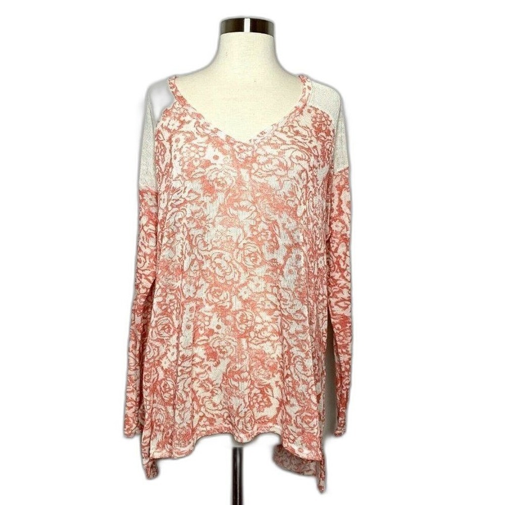 Bethany Mota Sweater Women L Pink Cream Floral Print HiLo Hem V-Neck Long Sleeve